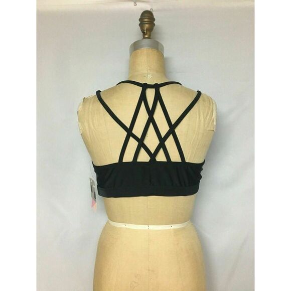 NWT GO GOSSIP Women's Black Stretch Scoop Neck Ruched Strappy Swimsuit Top S - Picture 2 of 4